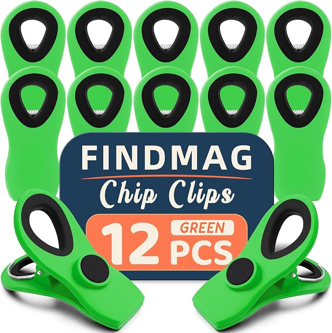 Chip Bag Clips, 12 Pack Magnetic Bag Clips for Refrigerator, Green | Kitchen Clips for Snack and Food, Office, Fridge, Cloth Pins, Garden, Airtight Seal Grip, Easy Open, Strong Hold Design by FINDMAG
