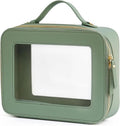 Clear Makeup Bag Mahjong Tile Bag with Zipper and Handle Sage Green | Structured Large Travel Makeup Bag for Toiletries for Women, Big Long-trip Cosmetic Case, Waterproof PU Leather, Wide Opening by POPVIBE