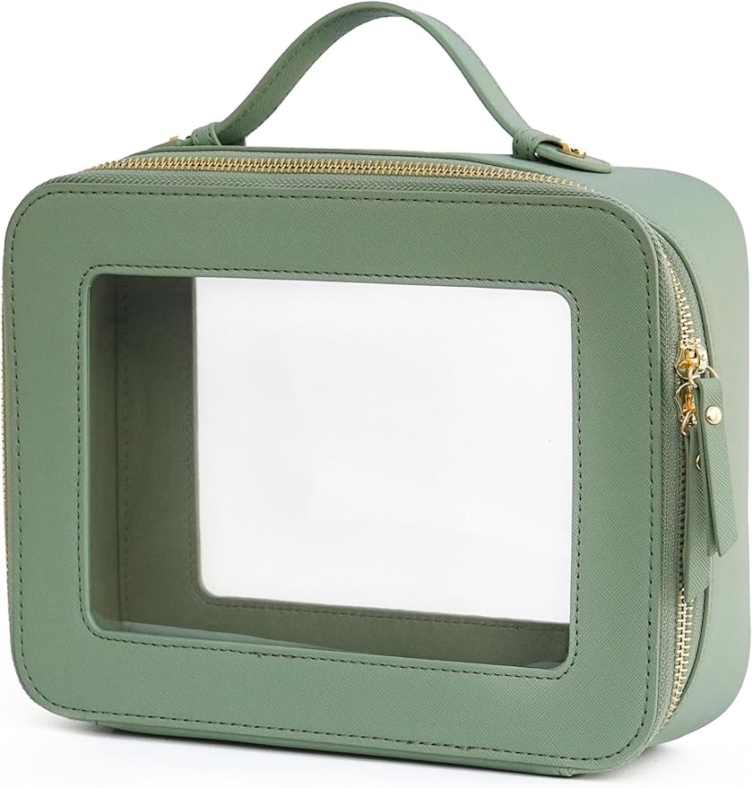 Clear Makeup Bag Mahjong Tile Bag with Zipper and Handle Sage Green | Structured Large Travel Makeup Bag for Toiletries for Women, Big Long-trip Cosmetic Case, Waterproof PU Leather, Wide Opening by POPVIBE
