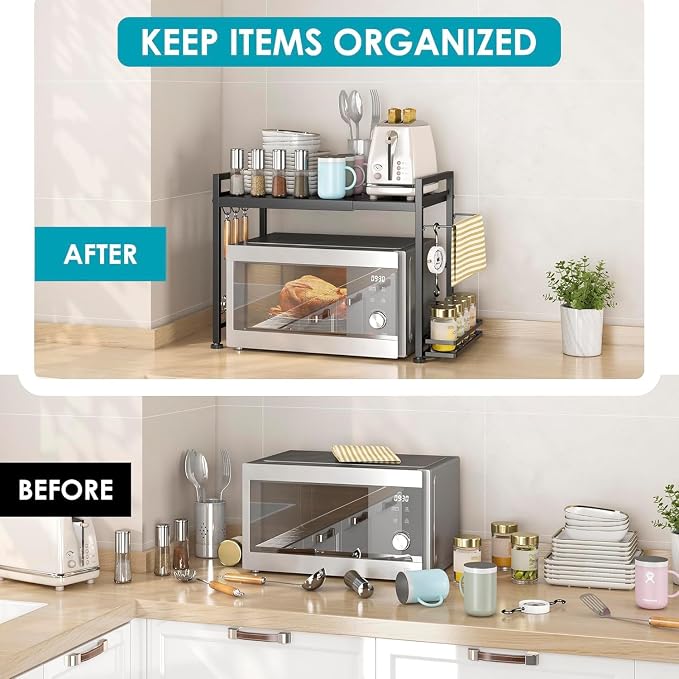 Expandable Microwave Stand Kitchen Countertop Organizer With Storage, Black | Adjustable Microwave Oven Rack Metal Storage Shelf for Pans Small Appliances Kitchen Utensils Tableware, 2-Tier - Image 2