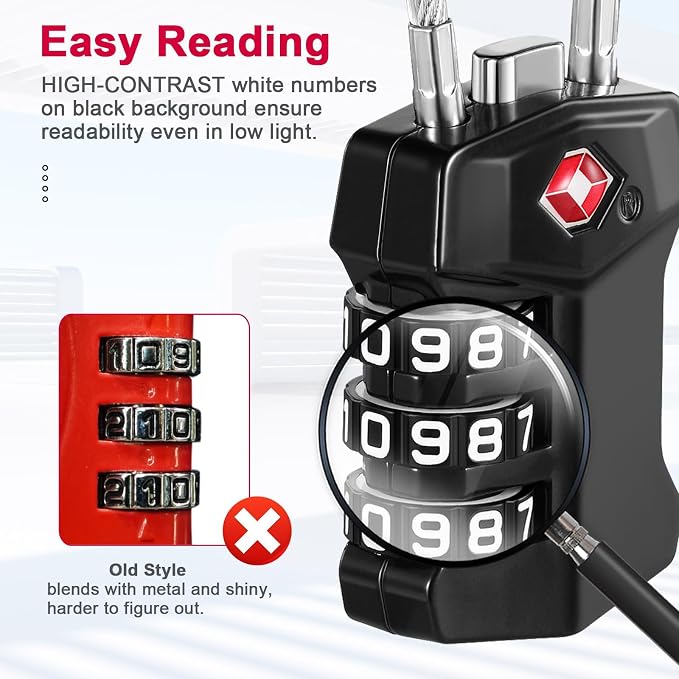 ZHEGE TSA Approved Cable Luggage Lock, Travel Lock, Keyless Padlock (Black) | 3 Digit Combination for Suitcase, Backpack, Bag, Toolbox, Gym Locker - Easy to Read & Use for All Ages - Image 3