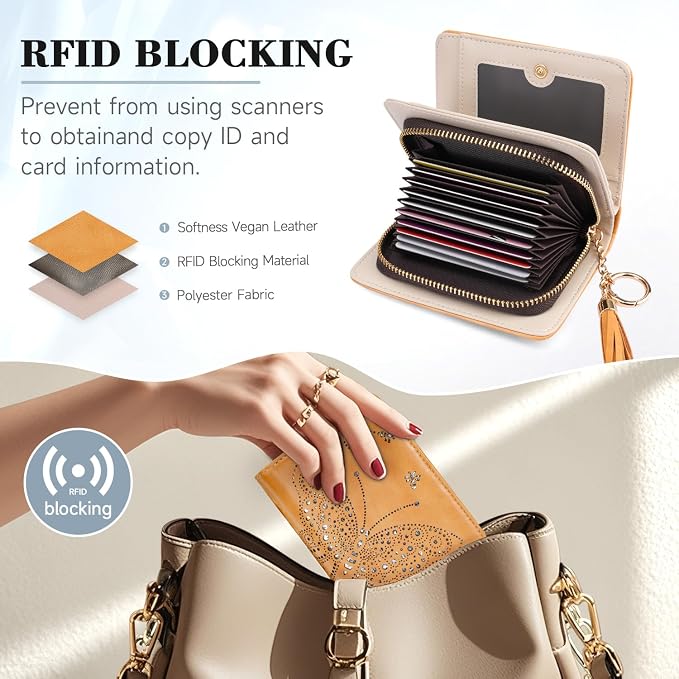 KITEVIUN Women RFID Blocking Small Bifold Wallet, Compact Cash Clutch with Zipper Coin Pocket, Glittery Butterfly Design, Credit Card Holder, Travel Purse with Tassel YELLOW - Image 6