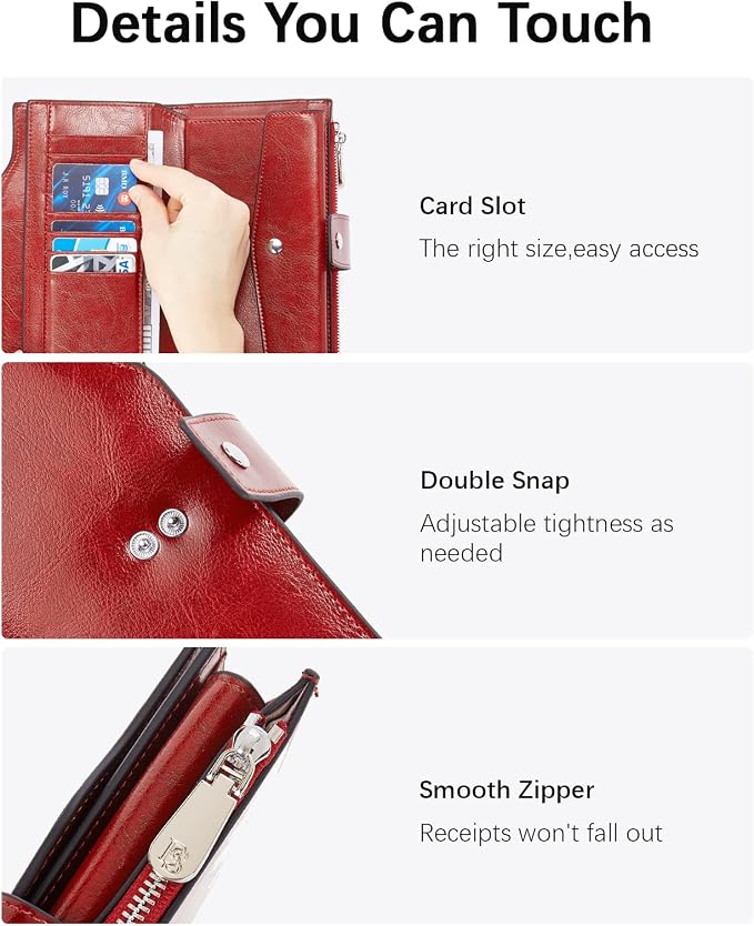 BOSTANTEN Womens Leather Wallet RFID Large Capacity Credit Card Holder | 20 Card Slots, Phone Holder, Zipper Coin Pocket, Clutch Wallet, Long Bifold, Ladies Gifts, Rose Red - Image 5