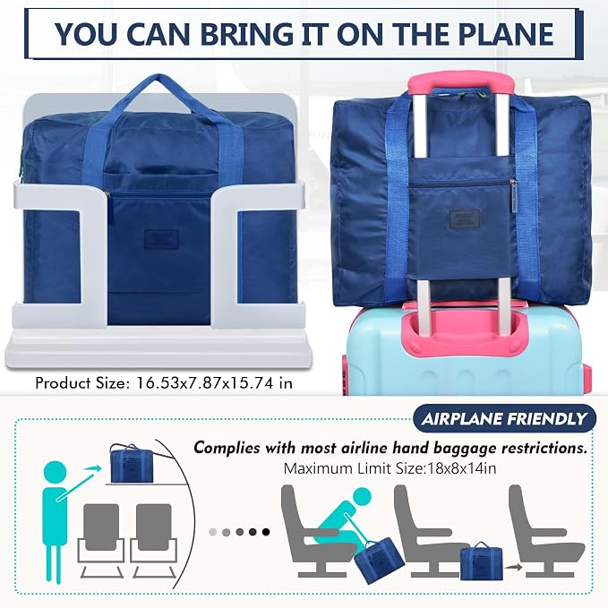 Travel Duffel Bag Carry on Luggage Bag Foldable Travel Tote Bag Waterproof Sports Gym Lightweight Large Weekender Overnight Bag for Women and Men (Black+Blue) - Image 5