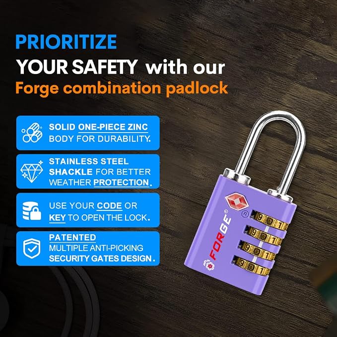 Forge Dual-Opening: Key or Combination Access Lock, TSA Approved Locks for Luggage, Pelican case, Travel, Gym, School, Stainless Steel Shackle. (Purple, 2 Pk) - Image 6
