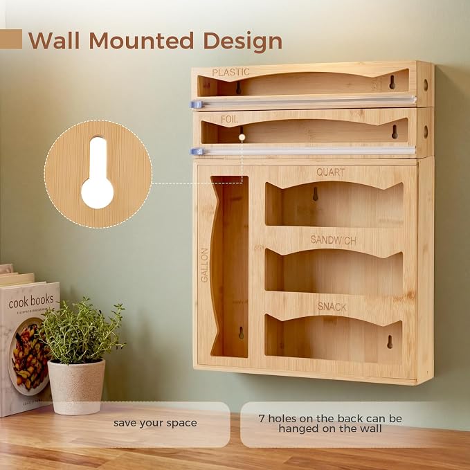 6-in-1 Bamboo Kitchen Drawer Organizer for Storage Bag, Foil & Plastic Wrap | Saran Wrap Dispenser with Cutter, Plastic & Grocery Bag Holder, Bamboo Drawer Organizer, Gallon/Quart Storage Bags - Image 8