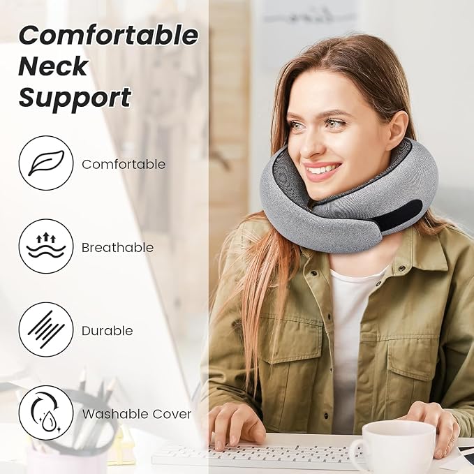 SZXYX Travel Pillows - 100% Pure Memory Foam Neck Pillow for Airplanes, Comfortable Breathable Cover, 360° Support Stowable Pillows for Sleeping, Car, Airport Travel Essentials, Charcoal Grey - Image 4