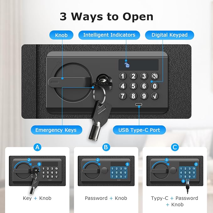 Bonsaii 1.2 Cu. Ft. Security Safe Box, Keypad Lock, Spare Keys & USB Port | Heavy-duty SPHC steel ensures high security for cash, jewelry, and documents. Features passcode, keys, USB Type-C - Image 3