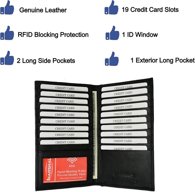 Marshal Bifold Leather RFID Blocking Wallet For Men & Women | Genuine Leather Holder With 19 Slots, 2 Bill Compartments & ID Window For Credit/Debit Cards, Money & More (Black) - Image 3