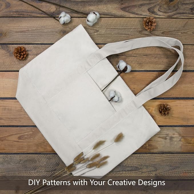 TOPDesign 6-Pack Canvas Tote Bags with an External Pocket, Reusable Grocery Shopping Bags, Top Zipper Closure, Daily Essentials (Natural) - Image 4