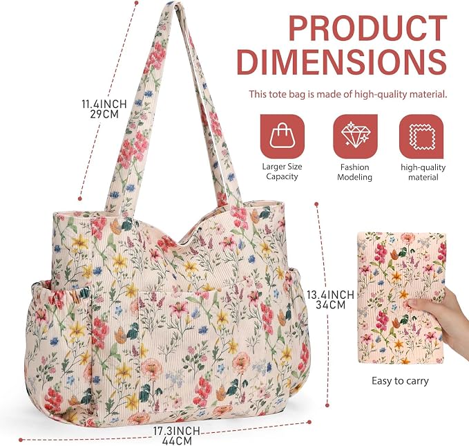 Corduroy Tote Bag for Women,Large Capacity Cute Tote Bags With 6 Pockets,Crossbody Shoulder Handbag for Work Travel Gym - Image 7