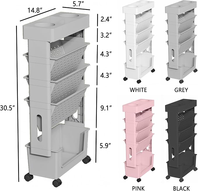 5-Tier Rolling Bookshelf Magazine Rack with Wheels Gray | Mobile Bookcase, Book Storage File Folder Organizer Cart for Home Study Office Living Room Classroom - Image 3