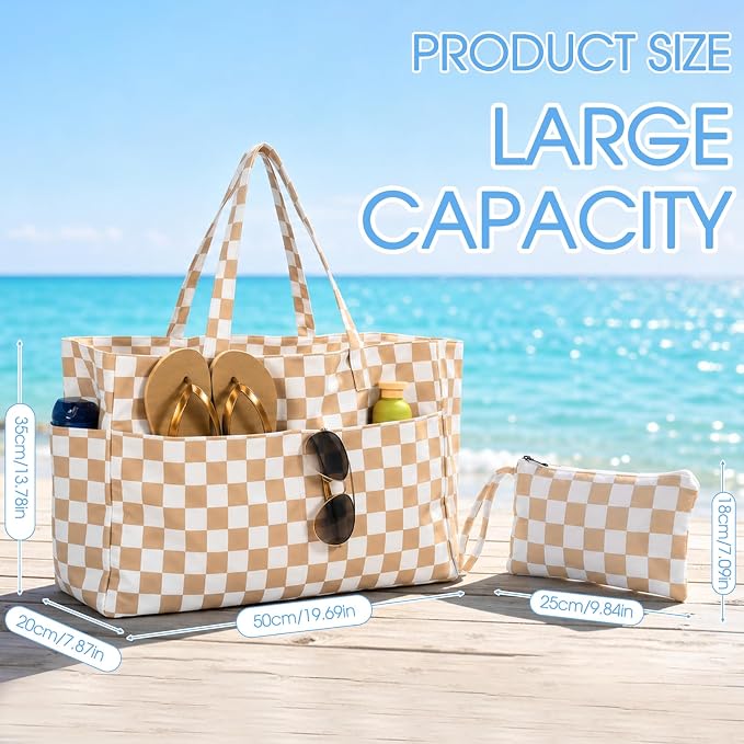JATEBI Beach Bag with Makeup Pouch for Women | Waterproof Pool Tote Bags with Wet Compartment for Swim Shopping Travel, Zipper, Wet Compartment, 5 Pockets - Image 8