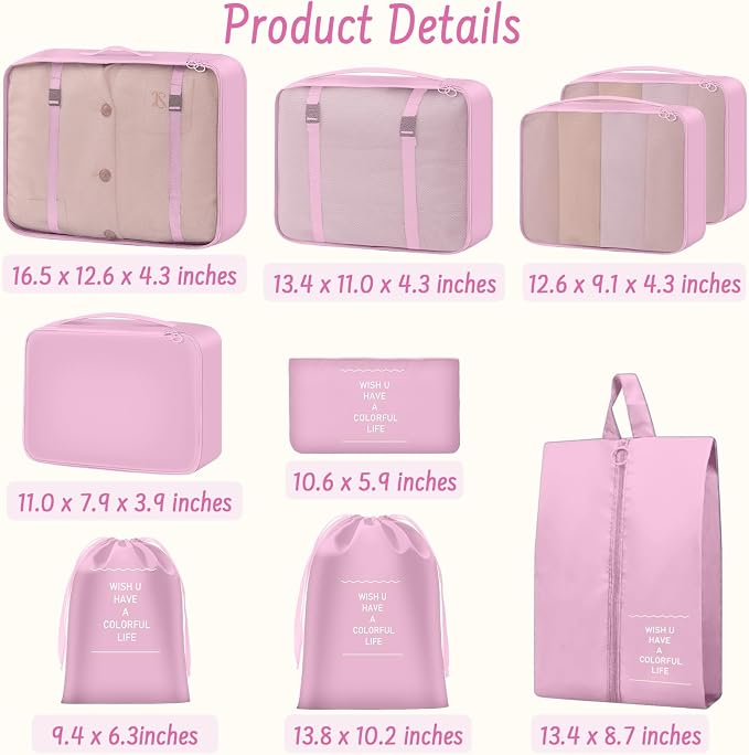 9 Set Packing Cubes for Travel Essentials - Lightweight Carry-On Luggage Organizer Bags with Shoe, Clothes & Laundry Bags for Airplane, Family & Business Travel, Pink - Image 7
