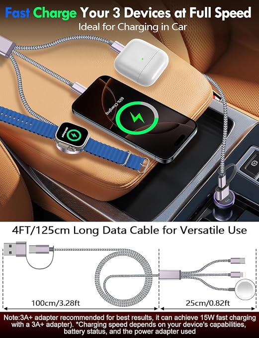 Travel Essentials for Apple Watch Charger,iPhone Charger,3 in 2 Type C/Lightning/Magnetic Travel Charging Cable,Portable Multi Charging Cable for Apple Watch, iPhone 17‑11,Samsung S26,Car,iPad-5FT - Image 8