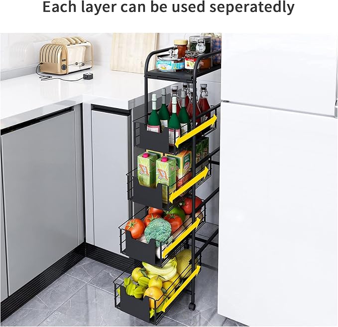 WHIFEA 5 Tier Slim Rolling Cart with Pull-Out Drawers, Multi-Layer Narrow Storage Shelf Organizer on Wheels, Metal Wire Baskets for Fruit, Dishes, Freestanding Unit for Kitchen, Bathroom, Home Office - Image 7
