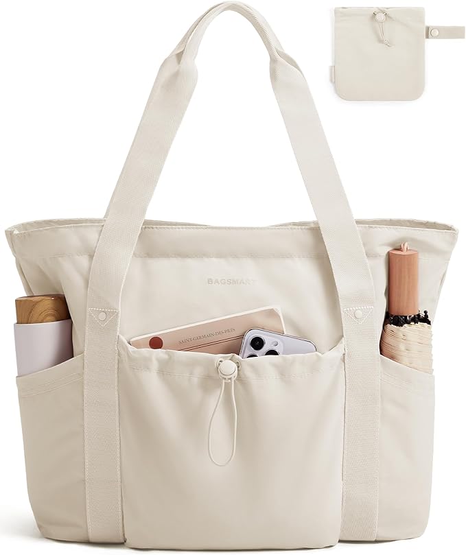 BAGSMART Foldable Tote Bag with Drawstring Bag, Tote Bag Shoulder Bag Top Handle Handbag for Travel, Work, Beach, Gym by BAGSMART