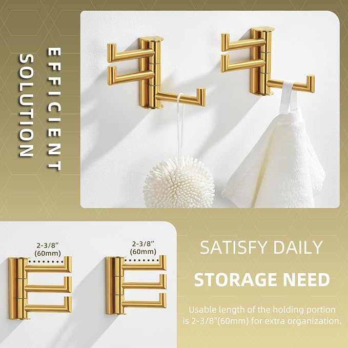 Angle Simple Towel Hooks, Swivel Bathroom Hook, Brushed Dark Gold, 2 Pack | SUS304 Stainless Steel, Folding 3 Arms, Kitchen Hand Towel Dishcloth Holder, Space Saver Fits Narrow Spot, Screws Mounted - Image 6