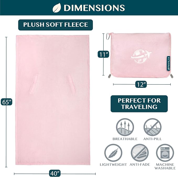 PAVILIA Travel Blanket and Pillow, Arms Opening Airplane Blankets for Adults, Compact Plane Blanket with Arm Hole 2-in-1 Bag for Flight Car Camping Fit in Luggage Backpack Traveler Gift, Pink - Image 7