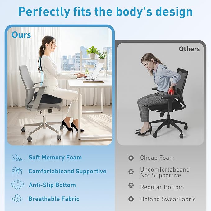 BlissTrends Thick Seat Cushion for Office Chair & Car Seat, XL, Grey | 5.2in Memory Foam with Removable Velvet Cover, Ergonomic Tailbone & Sciatica Support for Pressure Relief and Long Sitting - Image 6