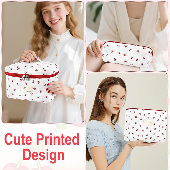 URSKYTOUS 3Pc Cotton Quilted Makeup Bag for Women Extra Large Coquette Small Floral Travel Cosmetic Bag Set Cute Cherry Makeup Pouch Portable Toiletry Bag Organizer Vintage Puffy Essential Storage Bag - Image 6