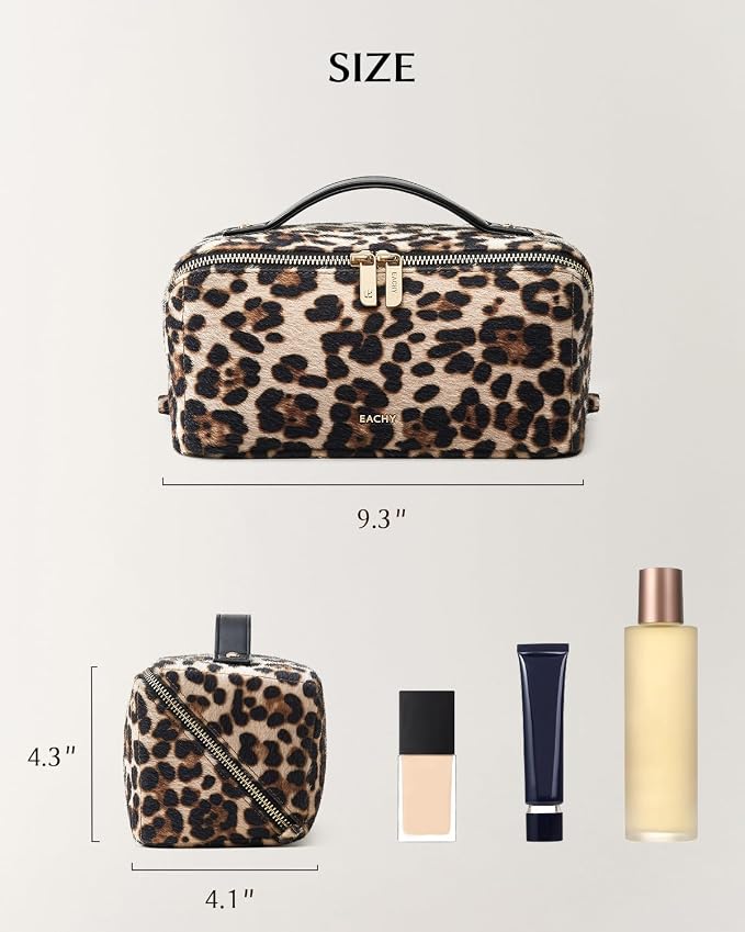 EACHY Travel Makeup Bag for Women, Flat Open Leopard Print Cosmetic Bag | Leopard-print PU leather cosmetic bag opens flat with dividers and clear TPU brush pocket for makeup and travel essentials - Image 4