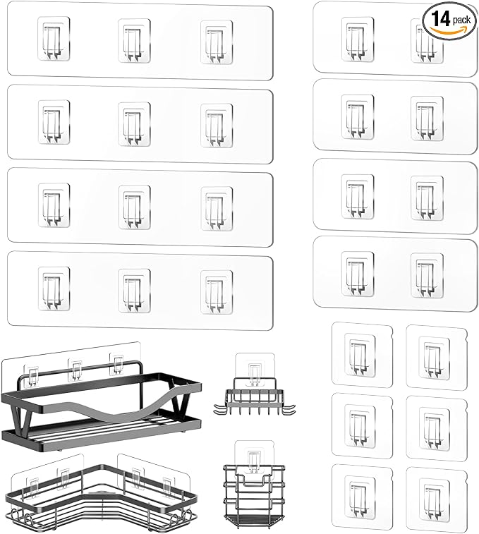 14 Pack Heavy Duty Shower Caddy Adhesive Replacement, 55 LB Hold | Up to 55 LB hold; Waterproof Shower Shelf Adhesive in 3 Hook Styles for Caddies, Shelves, Soap Holders and Racks. by HAOBAOBEI