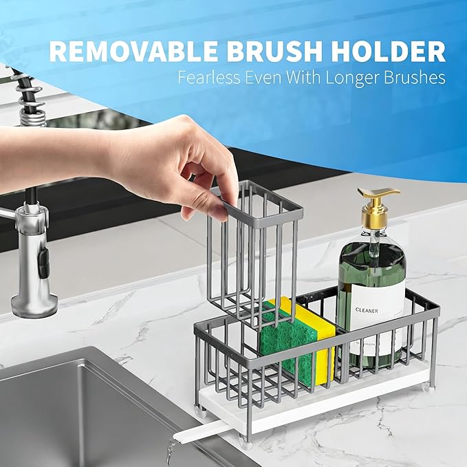 Cisily Sponge Holder for Kitchen Sink, Sink Caddy Organizer with High Brush Holder, Kitchen Countertop Organizers and Storage Essentials, Rustproof 304 Stainless Steel (Gray, 9.25″) - Image 5
