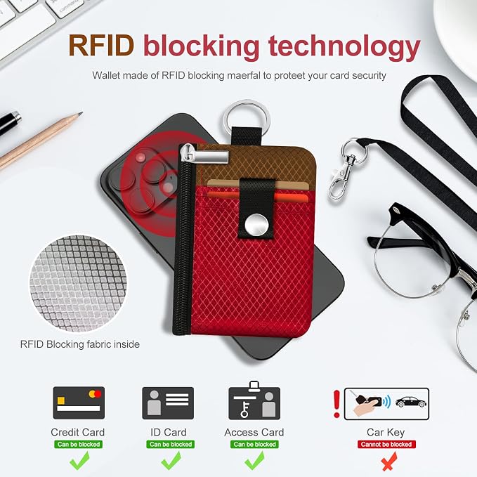 Minimalist RFID Blocking Small Wallet with ID Window,WaterResistant Zip Id Case Wallet with Lanyard Keychain for Cards,Cash,Travel,Women,Men (Red/Brown) - Image 4