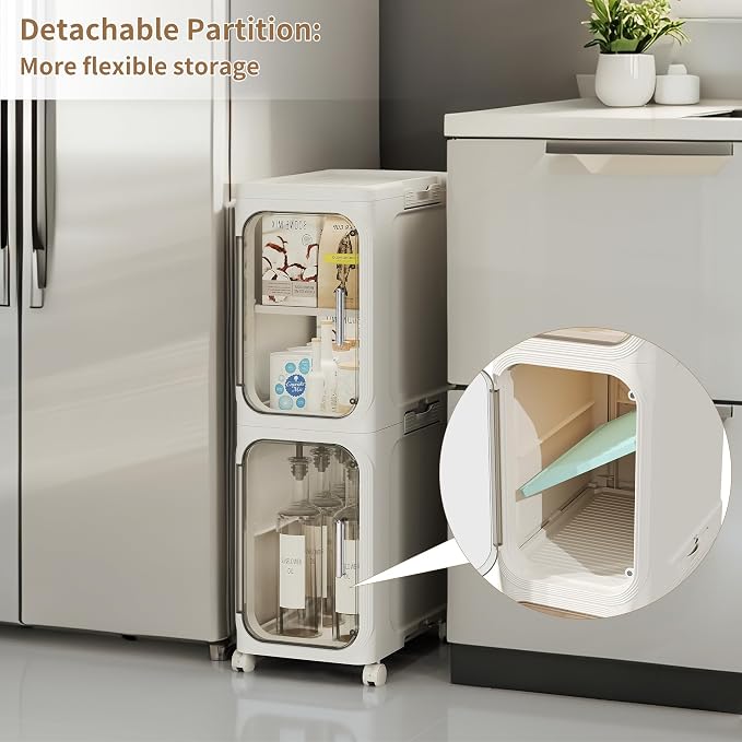 5-Tier Narrow Storage Cabinet Slim Bathroom Tall Skinny Organizer，Beige | Foldable Storage Cabinet with Lockable Rolling Wheels Magnetic Clear Door Adjustable Detachable Shelves For Narrow Space - Image 5