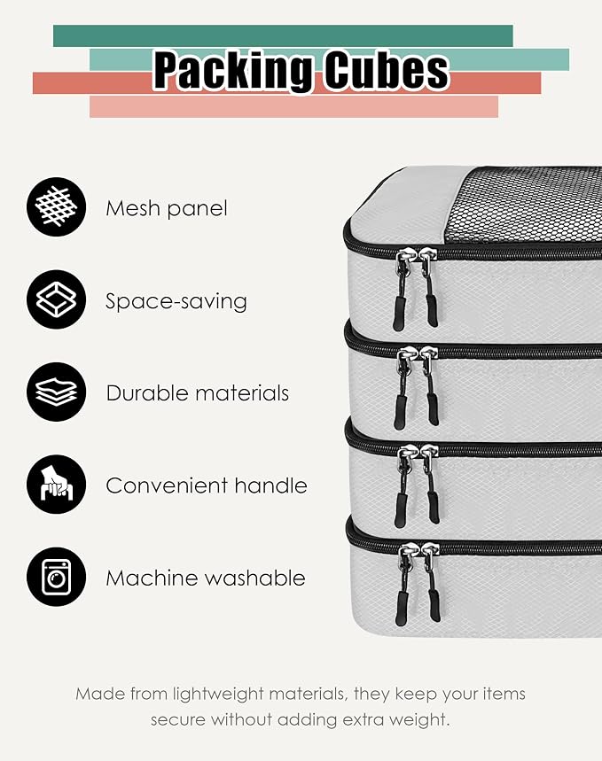 WTREE 4-Piece Packing Cubes Travel Accessories Set for Suitcases - Luggage Organizer Bags with Double Zipper - Mesh Top - Medium - Beige - Image 2