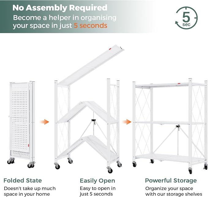 DEANIC 3 Tier Foldable Storage Shelves with Wheels, Large Capacity Shelving Unit, Freestanding Metal Wire Shelf Rack, No Assembly Organizer Rack for Garage Kitchen, Basement, Pantry(White Pack of 2) - Image 5