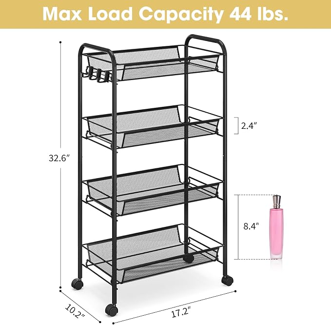 TOOLF 4-Tier Rolling Cart, Metal Utility Cart with 3 Hooks, Easy Assemble Mobile Storage Trolley On Wheels, Metal Shelving Units Kitchen Bathroom Laundry Room - Image 6