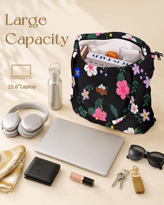 Aesthetic Corduroy Tote Bag with Zipper for Women | Reusable, Fits 14 Inch Laptop, Inner Pocket, double-sided print, Lightweight - Image 6