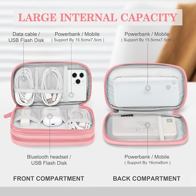 FYY Electronic Organizer, Travel Tech Pouch Bag, Cable Organizer Pink | Wrist Strap, Waterproof, Double Layers Portable Electronics Travel Carrying Case for Cord, Charger, Daily Business Trips Use - Image 3