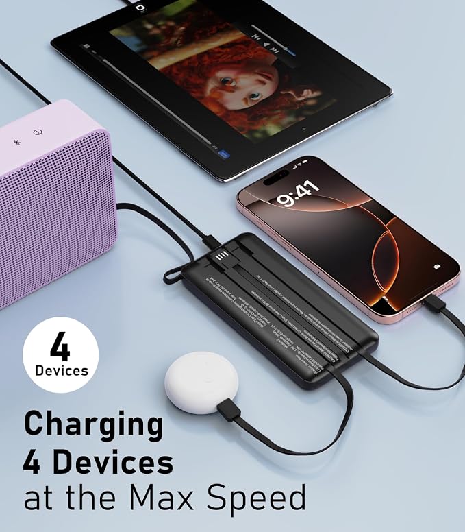 Portable Charger with Built in Cables, Slim 10000mAh Power Bank, USB C Battery Pack Travel, 4 Output 2 Input External Charging Bank for iPhone 17/16/15/14/13,Samsung, Android, etc-Black(1 Pack) - Image 2