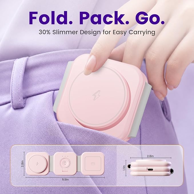 15W Magnetic Travel Charging Station, 3-in-1 Foldable MagSafe Charger | Wireless Charger for Apple Multiple Devices - iPhone Air 17 16 15 14 13 14 Pro Max, Watch & AirPods - Blush Pink - Image 6