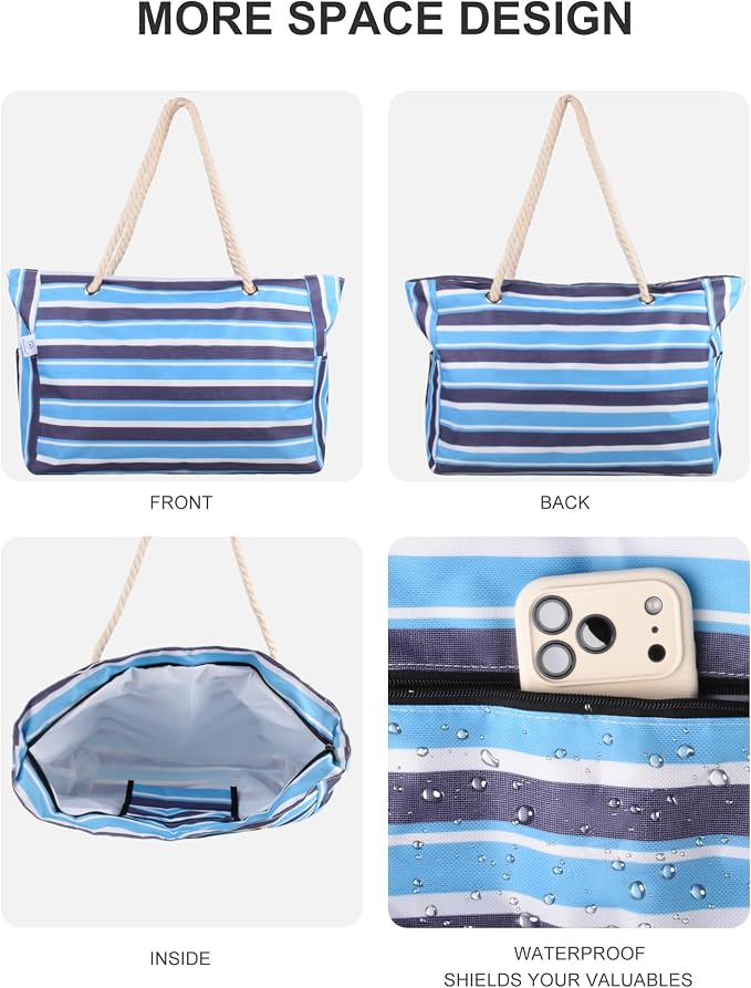Genteen Beach Bag for Women, Large Waterproof Sandproof Beach Tote with Zipper Pocket, Solid for Travel Pool - Image 4