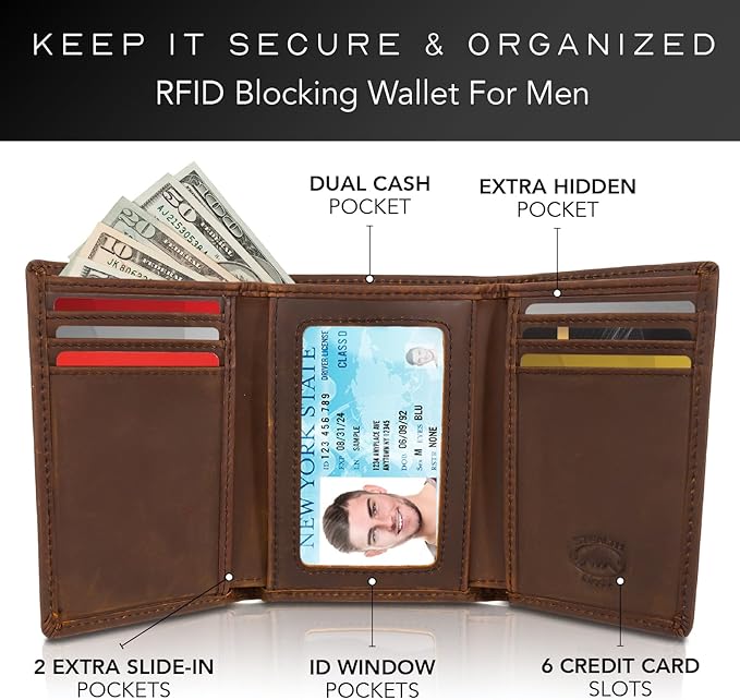 Stealth Mode Trifold Leather Wallet for Men with RFID Blocking (Brown) | Top Grain Napa Leather, 9 Card Slots, ID Window, Gift Box – Gift for Dad, Husband, or Son - Image 2