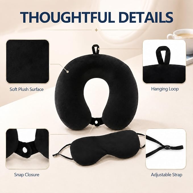 RAINFLOW Travel Neck Pillow Set - Black Memory Foam Cushion with Eye Mask | Airplane Pillow with Removable Washable Cover for Long Flights, Plane Sleeping, Neck Support and Travel Essentials - Image 3