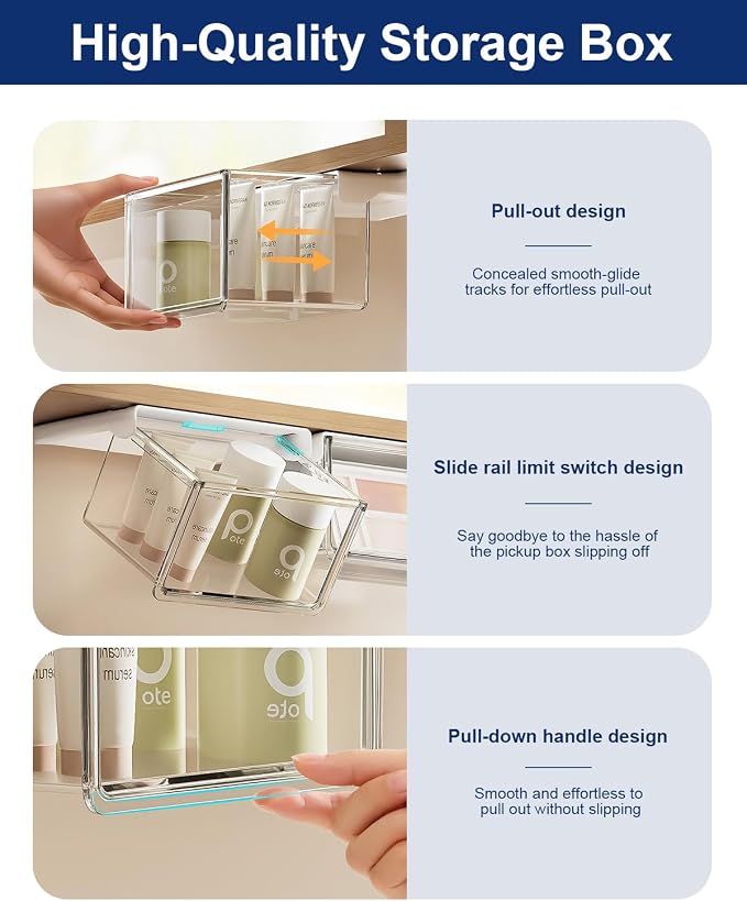 Hanging Cabinet Organizer – 33° Tilted Under Desk Drawer & Bathroom Storage – Self-Adhesive Clear Pull-Out Bins for Kitchen, Office & Vanity (Small) - Image 5