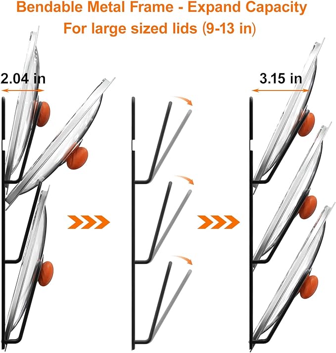 Durmmur 2 Pack Pot Lid Organizer, 6-Tier Lid Holder for Cabinet Door & Wall | Rustproof Metal Lid Organizer with No-Drill Adhesive Mounting for Pot and Pan Lids, Space-Saving Kitchen Storage, Black - Image 2