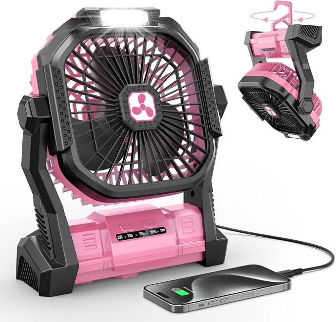 Portable Fan Rechargeable 20000mAh Cordless Battery Powered Camping Fan | with LED Lantern, Small Table Fan, USB Battery Operated Fans for Travel Bedroom Home Camping Tent Office Beach Desk Pink by OnlyNewforYourLife