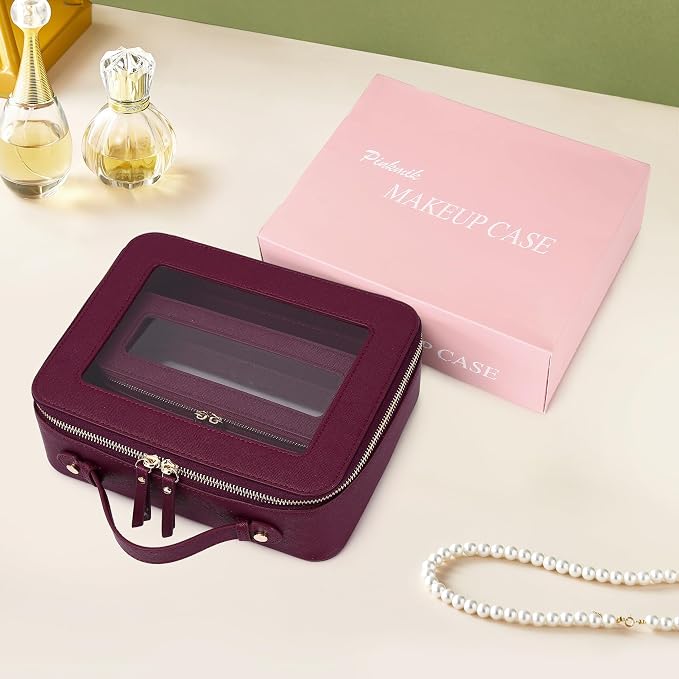 Pinkmik Clear Makeup Bag with Brush Bag, (Burgundy, L+SLIM) | 2pcs, Waterproof, Travel Case for Cosmetics and Toiletries, Women's Cosmetic Organizer, with Zipper - Image 7