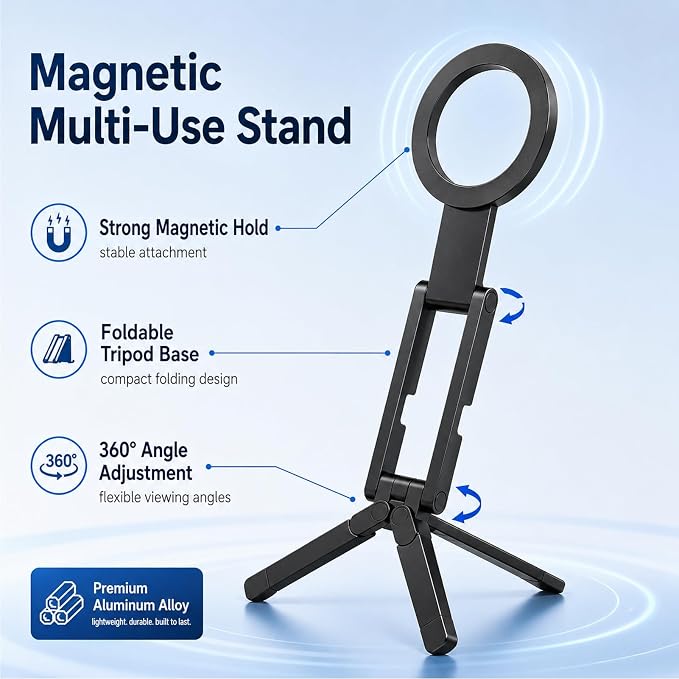 Phone Stand,360°Rotating Phone Tripod,Selfie Stick for iPhone,Phone Stand for Desk,Magnetic Phone Stand Foldable Cell Phone Stand Fits Gym, Travel Essentials Accessories(Black Aluminum Alloy) - Image 4
