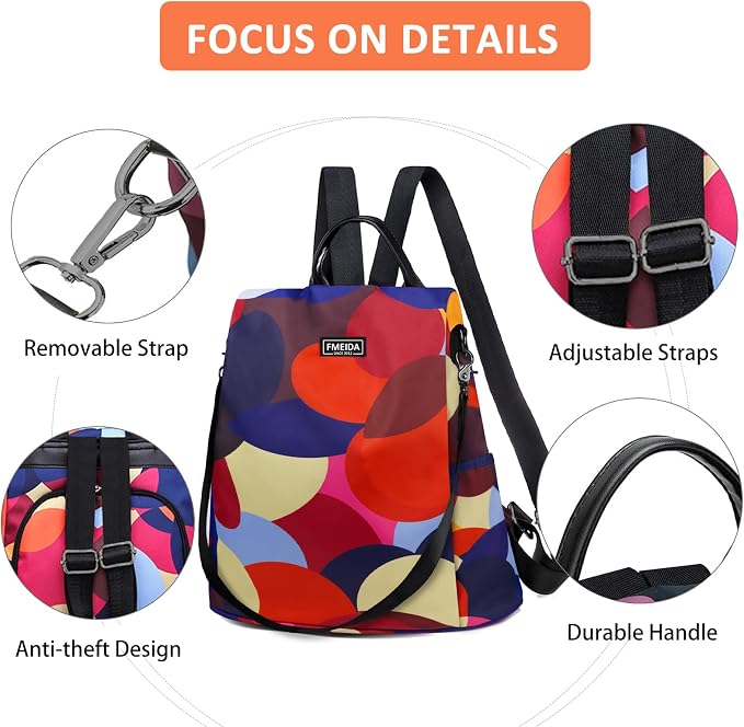 Backpack for Women Anti Theft Back Pack Purse Waterproof Nylon Backpack for College Bookbag Fashion Travel Shoulder Bag Colorful Polka Dots | Hidden Back Zipper Opening, Compact Travel Size, Waterproof Nylon, Daypack for College Work, Colorful Polka Do... - Image 5
