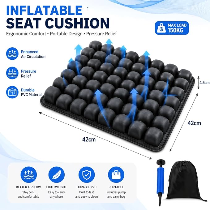 Travel Cushion for Airplane, Ergonomic Air Cell Design for Long Flights, Inflatable Seat Cushion for Office, Car and Wheelchair Use, Portable Inflatable Cushion with Compact Travel Design - Image 2