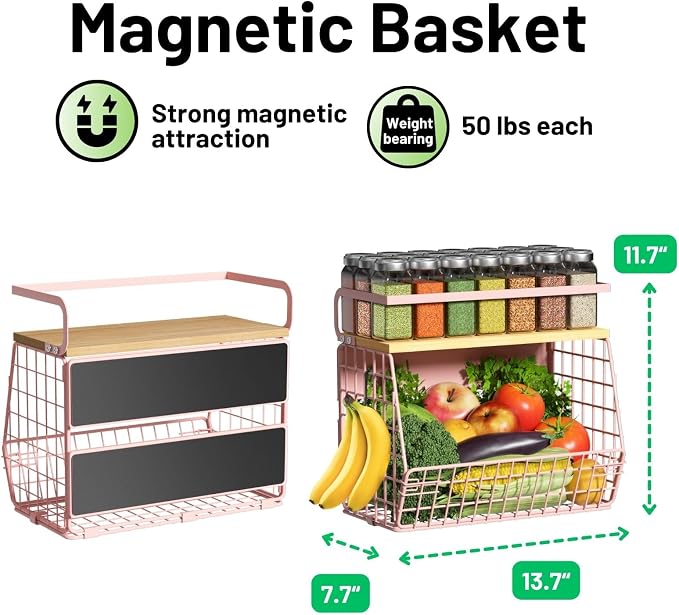 Magnetic Shelf for Fridge with Wood Lid, Fruit Potato and Onion Storage Bins, Pantry Organizers & Storage, Large Container Magnetic Spice Rack for Refrigerator, Kitchen Counter, Cabinet (Pink, 2) - Image 5