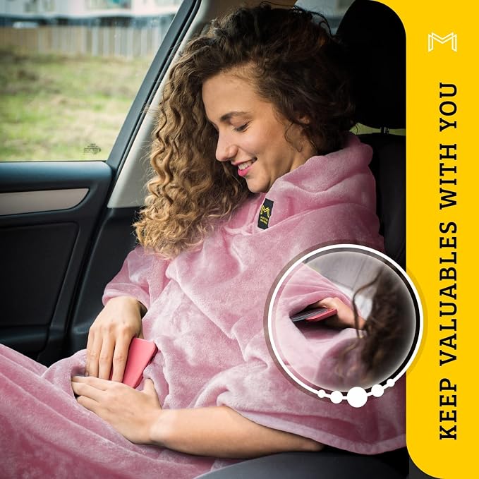 Travel Blanket Airplane Compact with Hoodie – 2in1 Airplane Travel Accessories from Plane Blanket to Travel Pillow with Luggage Strap, Soft Handle & Secure Pocket (Light Pink, 62x41'') | 300 GSM fleece airplane blanket; attached hoodie doubles as its s... - Image 5
