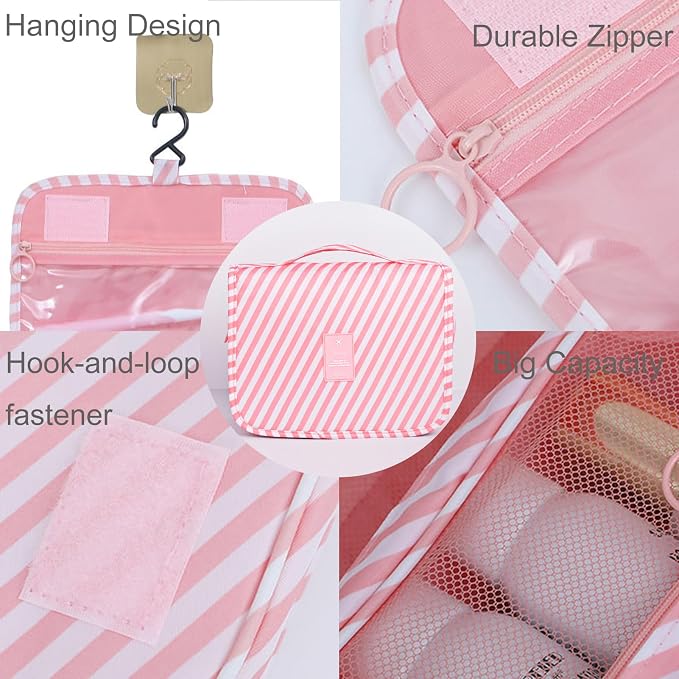 Travel Toiletry Bag for Women, Hanging Toiletry Bag with Multi-Pockets, Toiletry Bag for Traveling Easy Clean, Travel Organizer Bag Pink-strip - Image 5